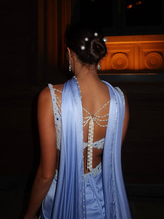 Dew blue satin draped skirt set