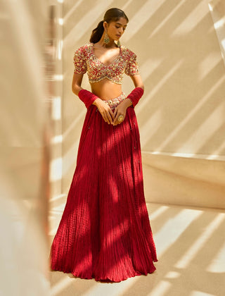 Ruby crushed lehenga set