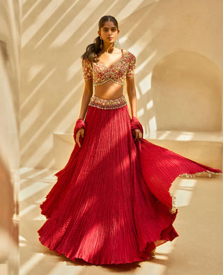 Ruby crushed lehenga set