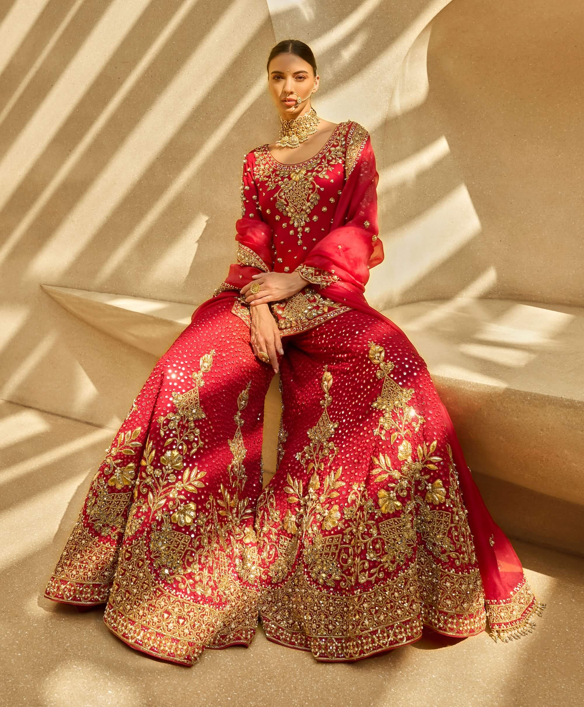 red sharara dress Red Georgette Lace Work Sharara Suit Festive Wear