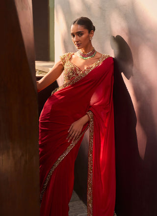Red classic embroidered sari set