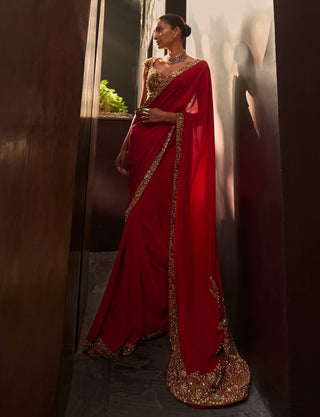 Red classic embroidered sari set