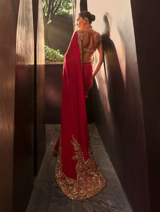 Red classic embroidered sari set