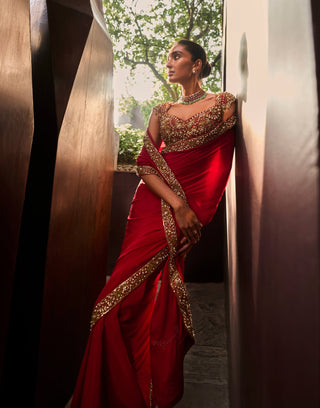 Red classic embroidered sari set