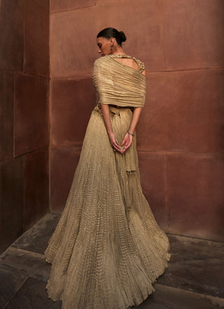 Golden tissue crush lehenga set