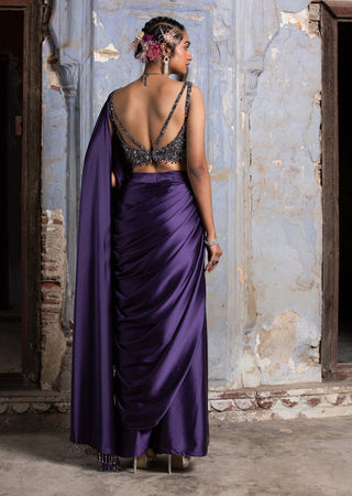Nitika Gujral-Dark Purple Drape Sari And Blouse-INDIASPOPUP.COM