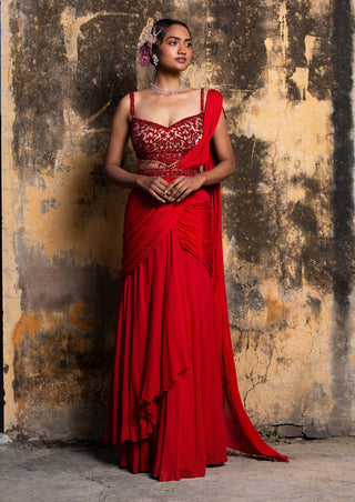Nitika Gujral-Red Georgette Drape Sari Set-INDIASPOPUP.COM