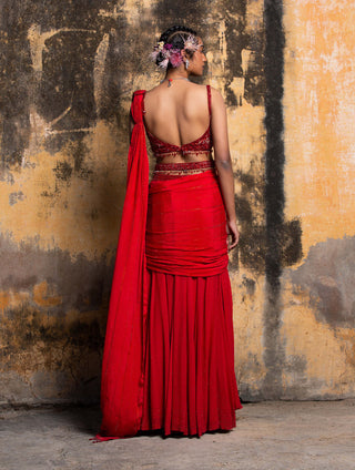 Nitika Gujral-Red Georgette Drape Sari Set-INDIASPOPUP.COM