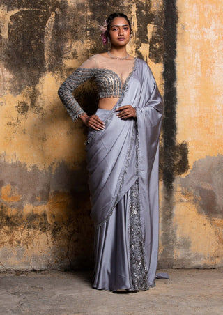 Nitika Gujral-Grey Nude Drape Sari And Blouse-INDIASPOPUP.COM