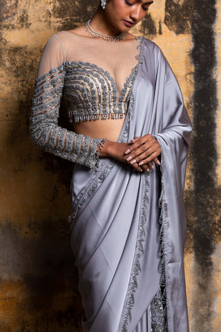 Nitika Gujral-Grey Nude Drape Sari And Blouse-INDIASPOPUP.COM