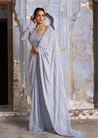 Nitika Gujral-Grey Sequence Georgette Sari Set-INDIASPOPUP.COM