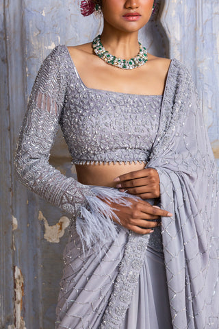 Nitika Gujral-Grey Sequence Georgette Sari Set-INDIASPOPUP.COM