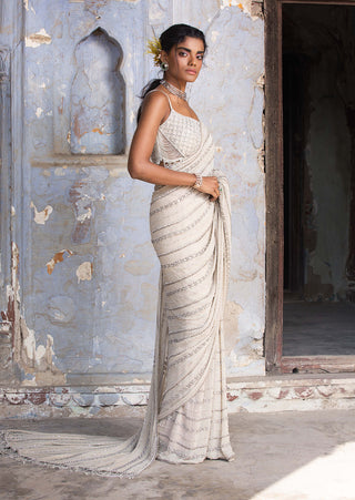 Nitika Gujral-Beige Shimmer Georgette Sari Set-INDIASPOPUP.COM