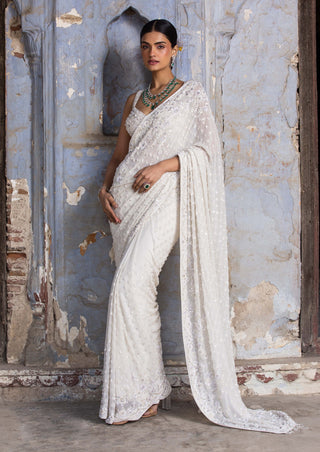 Nitika Gujral-Ivory Embroidered Georgette Sari Set-INDIASPOPUP.COM