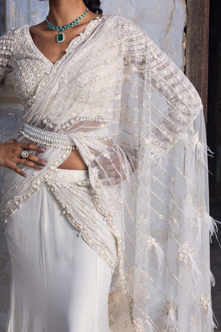 Nitika Gujral-Off-White Shimmer Drape Sari Set-INDIASPOPUP.COM
