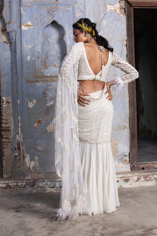 Nitika Gujral-Off-White Shimmer Drape Sari Set-INDIASPOPUP.COM