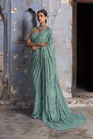 Nitika Gujral-Jade Green Georgette Sari Set-INDIASPOPUP.COM