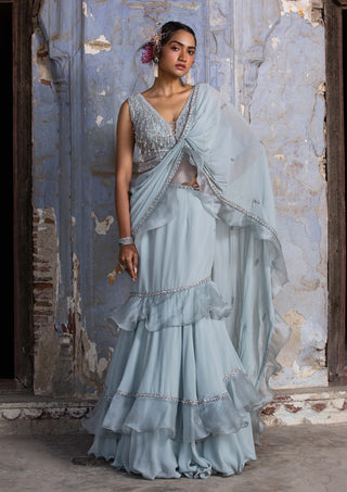 Nitika Gujral-Powder Blue Organza Drape Sari And Blouse-INDIASPOPUP.COM