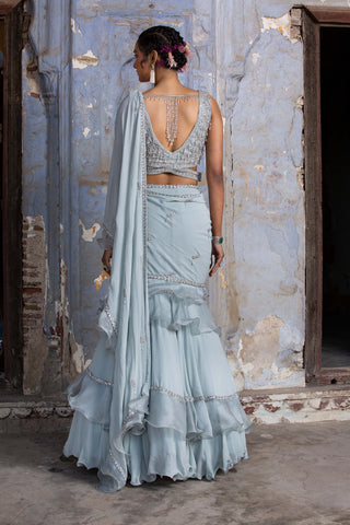 Nitika Gujral-Powder Blue Organza Drape Sari And Blouse-INDIASPOPUP.COM