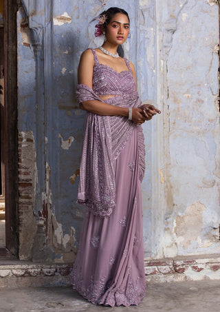 Nitika Gujral-Lavender Georgette Draped Sari And Blouse-INDIASPOPUP.COM