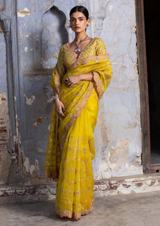 Nitika Gujral-Yellow Embroidered Organza Sari Set-INDIASPOPUP.COM