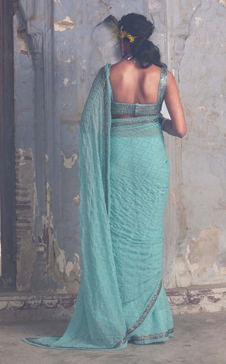 Nitika Gujral-Aqua Blue Chiffon Sari Set-INDIASPOPUP.COM