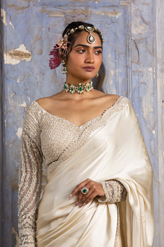Nitika Gujral-Cream Embroidered Satin Sari Set-INDIASPOPUP.COM