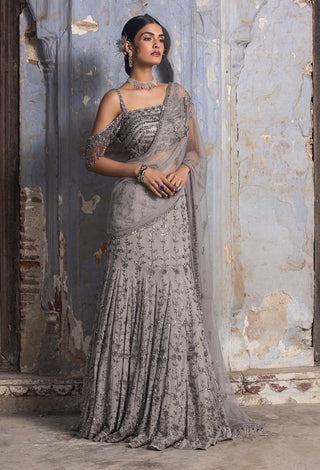 Nitika Gujral-Grey Georgette Draped Sari And Blouse-INDIASPOPUP.COM