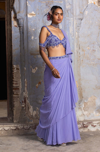 Nitika Gujral-Lilac Drape Sari And Bustier-INDIASPOPUP.COM