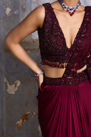 Nitika Gujral-Burgundy Satin Drape Sari And Blouse-INDIASPOPUP.COM