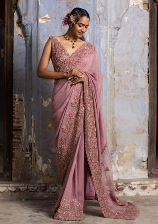 Nitika Gujral-Rose Pink Embroidered Sari Set-INDIASPOPUP.COM