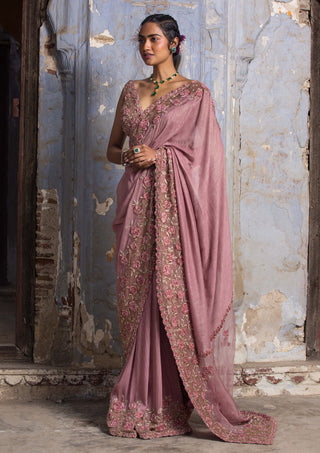 Nitika Gujral-Rose Pink Embroidered Sari Set-INDIASPOPUP.COM