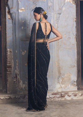 Nitika Gujral-Black Gold Georgette Sari Set-INDIASPOPUP.COM