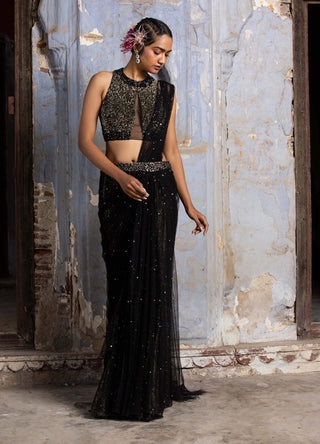 Nitika Gujral-Black And Gold Drape Sari And Blouse-INDIASPOPUP.COM