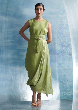 Sheen Green Draped Dress by Charkhee, available on Indiaspopup.com