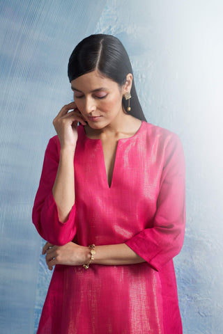 Fuchsia Pink Linen Kurta Set by Charkhee, available on Indiaspopup.com