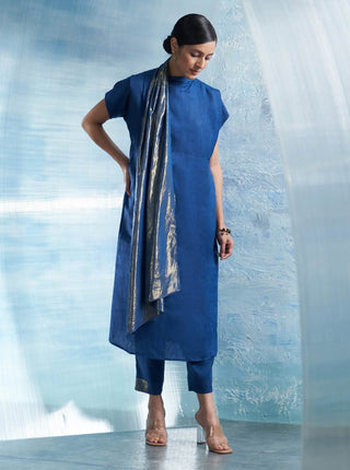 Royal Blue Neck Scarf Kurta Set by Charkhee, available on Indiaspopup.com