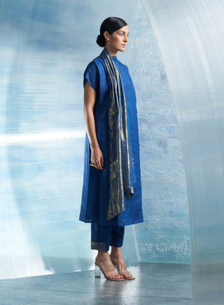 Royal Blue Neck Scarf Kurta Set by Charkhee, available on Indiaspopup.com