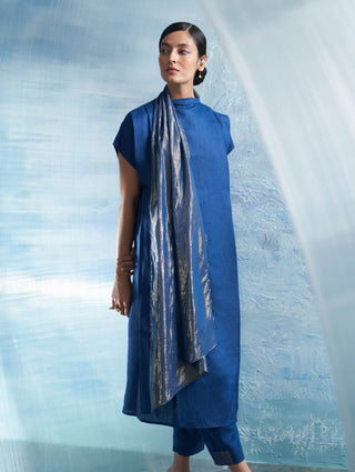 Royal Blue Neck Scarf Kurta Set by Charkhee, available on Indiaspopup.com