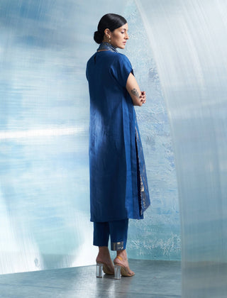 Royal Blue Neck Scarf Kurta Set by Charkhee, available on Indiaspopup.com