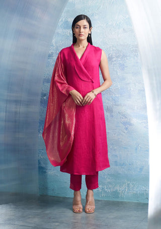 Fuchsia Pink Wrap Kurta And Pants by Charkhee, available on Indiaspopup.com