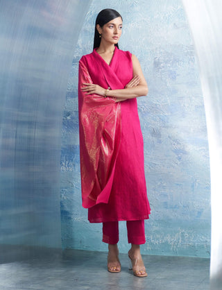 Fuchsia Pink Wrap Kurta And Pants by Charkhee, available on Indiaspopup.com