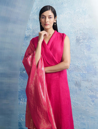 Fuchsia Pink Wrap Kurta And Pants by Charkhee, available on Indiaspopup.com