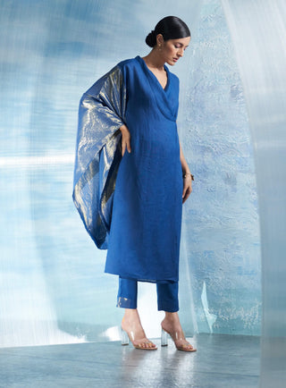 Royal Blue Wrap Kurta Set by Charkhee, available on Indiaspopup.com