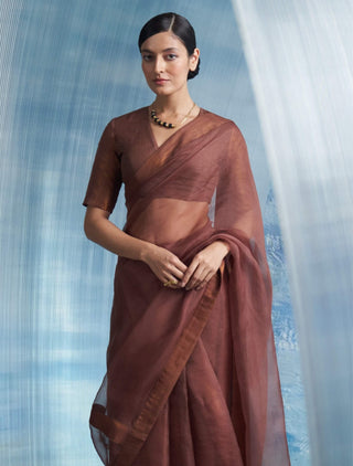 Woody brown shimmer organza sari set