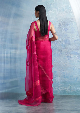 Fuchsia pink shimmer organza sari set