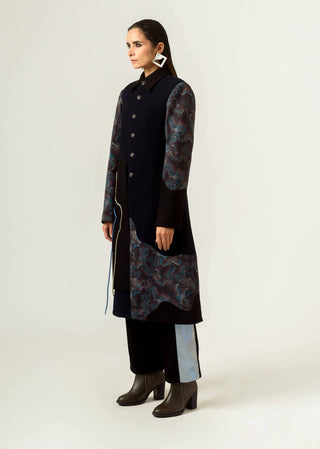 Siddhant Aggarwal-Navy Blue Panelled Trench Coat-INDIASPOPUP.COM