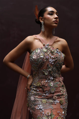 Gardenia floral applique draped dress