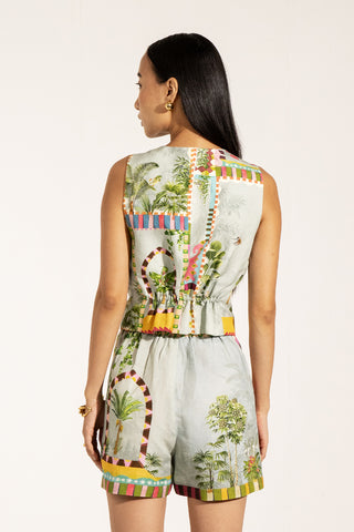 Astra green waistcoat and opal shorts