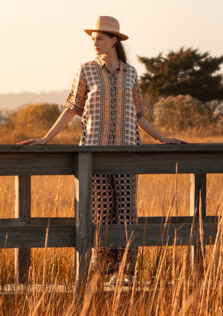 Alba brown button-down shirt and pants